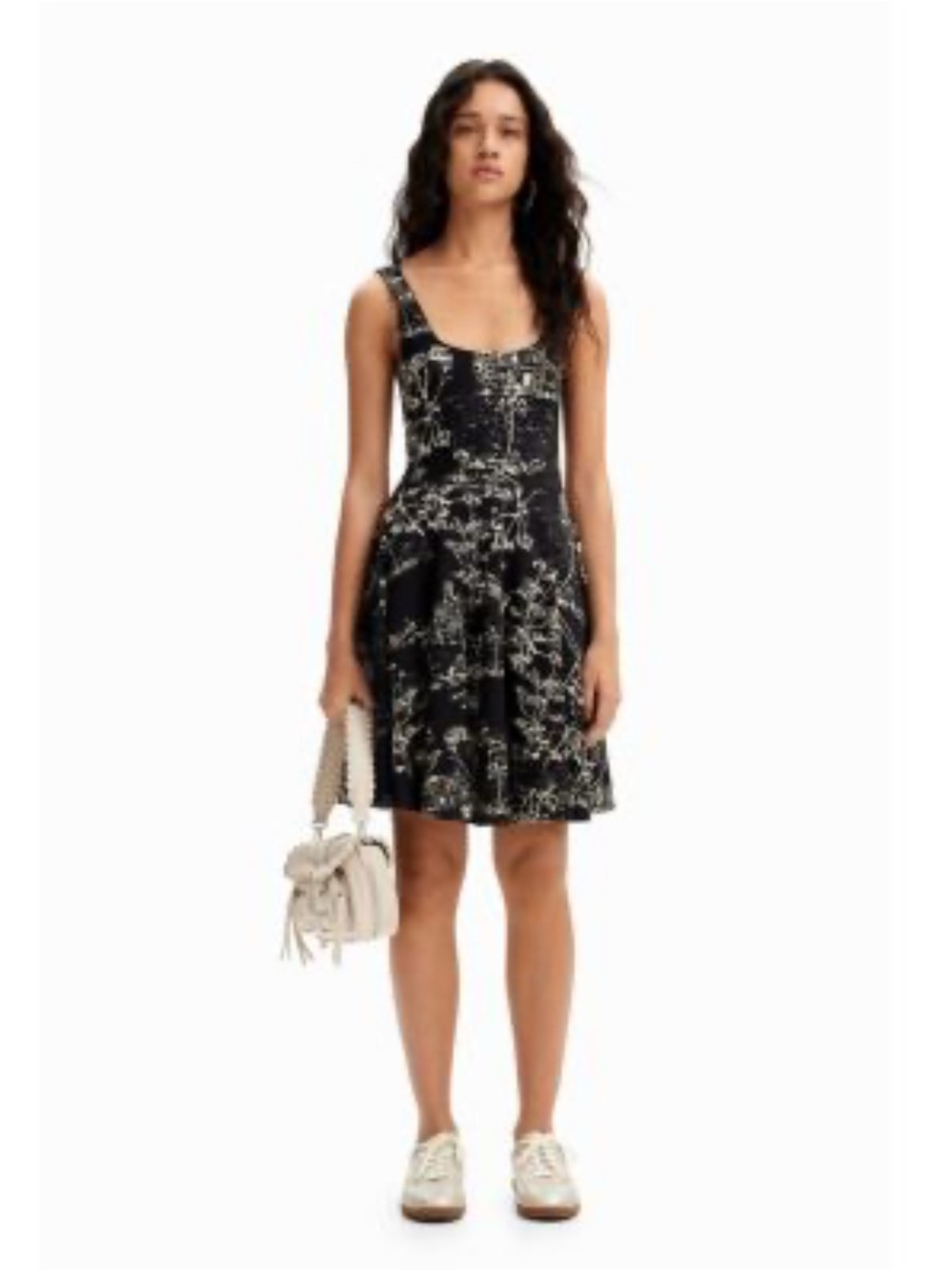 DESIGUAL Black Floral Scoop-Neck Strappy Skater Dress NWT